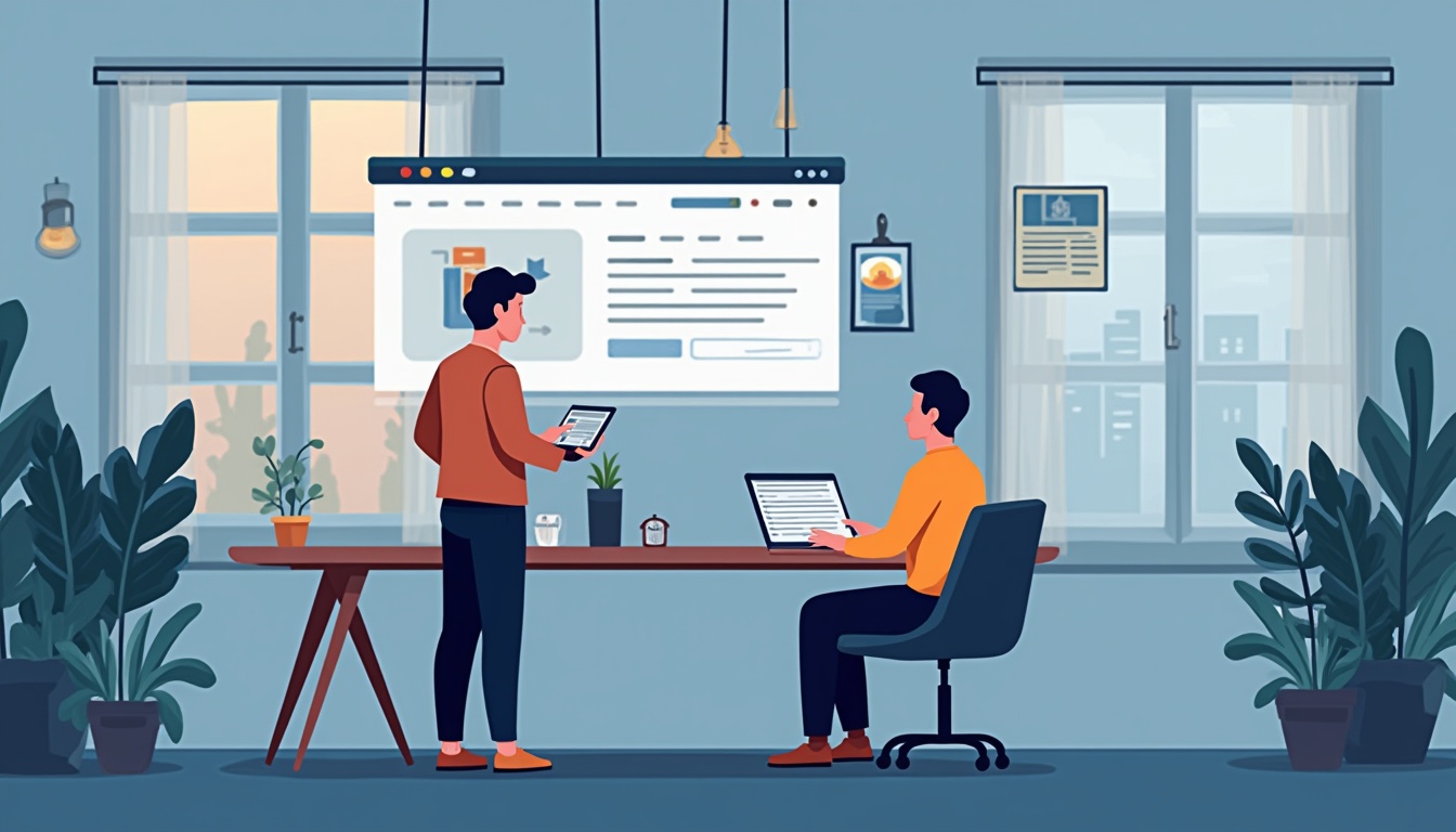 Ilustrație cu procesul de creare site la comanda și elemente de succes online, reprezentând o afacere în creștere