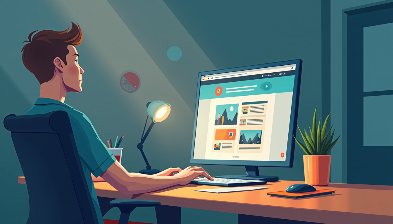 Ilustrație pentru un site de prezentare profesional, cu elemente de design și optimizare, simbolizând succesul în crearea