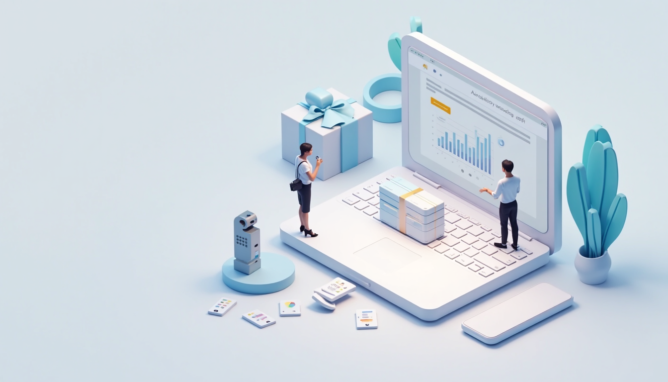 Oameni de afaceri analizând o ofertă de site de prezentare pe un ecran, cu elemente de design web și SEO în fundal.