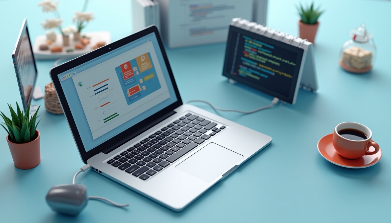 O imagine reprezentând procesul de creare site în București, cu elemente de design web și hărți.